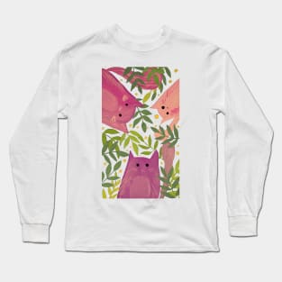 Cats and branches - pink and green Long Sleeve T-Shirt